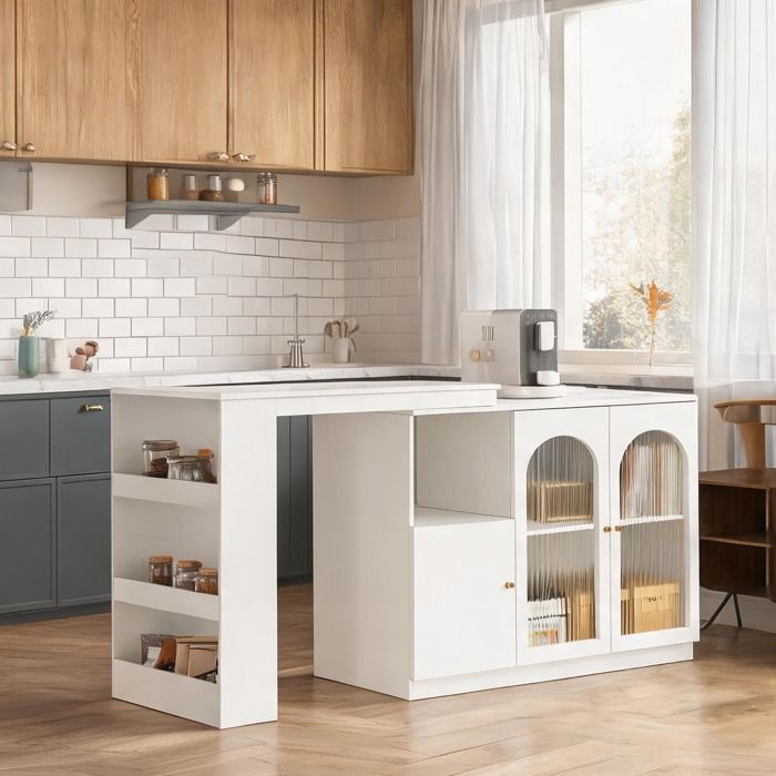 Meuble de bar rotatif 360° en MDF blanc avec porte vitrée 120 x 40 x 97 cm multifonction séjour cuisine
