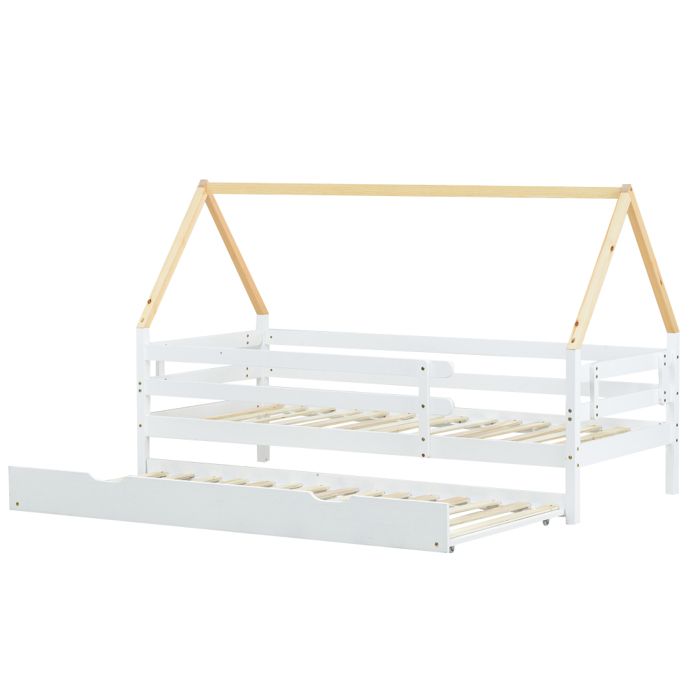 Lit cabane enfant 90x200/190 cm avec lit gigogne à roulettes banquette extensible structure toit naturel cadre blanc