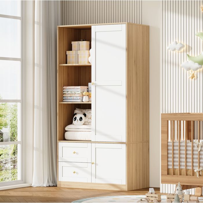 Armoire portes coulissantes 90x50x180 cm avec barre de penderie et 2 tiroirs blanc aspect bois MDF VEVXYN