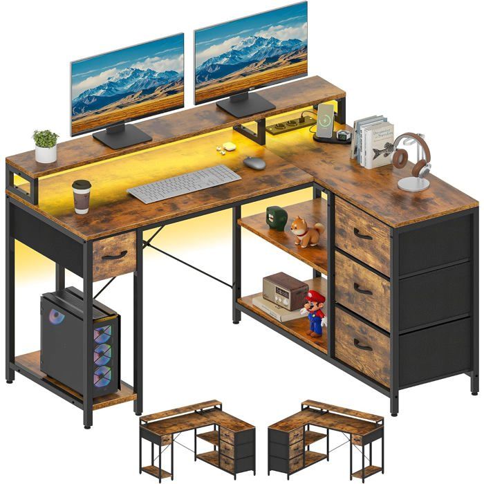 Bureau en L Reversible 4 Tiroirs USB Prises 140x100cm MarronBureau dangle L reversibleetagere ecran2 USB 2