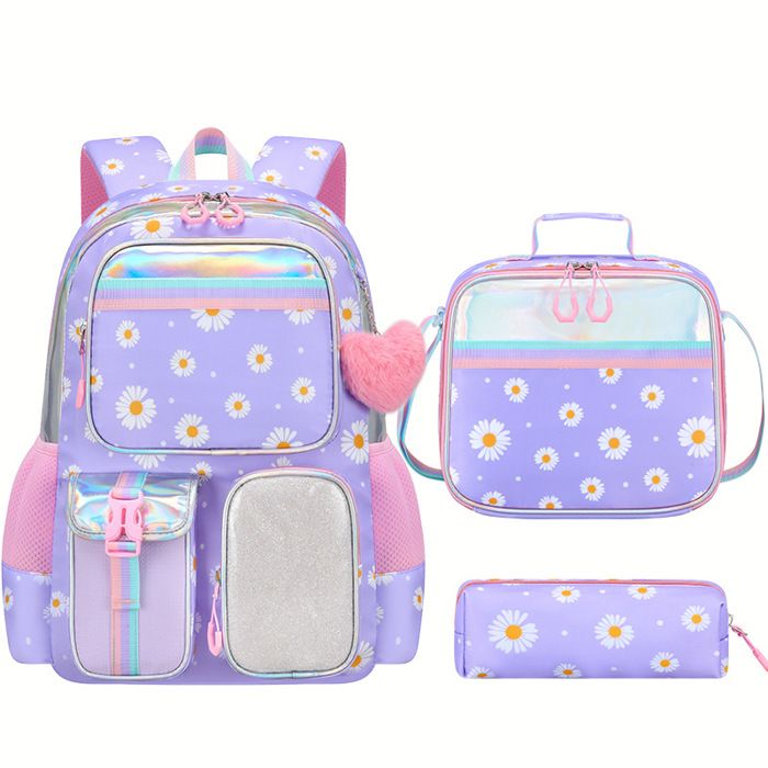 XJYDNCG 3Pcs Sac à Dos EnfantCartable Fille PrimaireEnsemble Scolaire Marguerite Multi‑poches - Violet