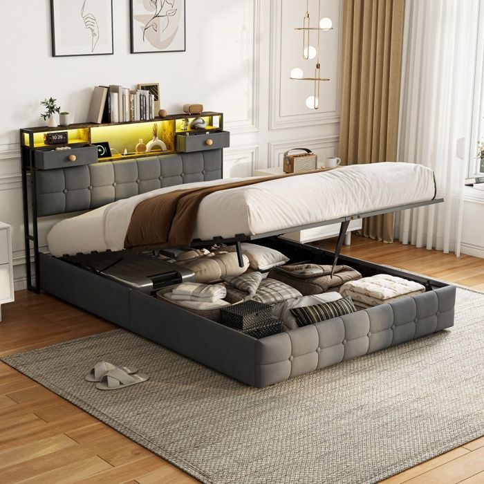 Lit coffre double 160x200 cm avec tête de lit à tiroirs et LED lit 2 places rembourré Sommier à lattes Lit adulte Velours gris