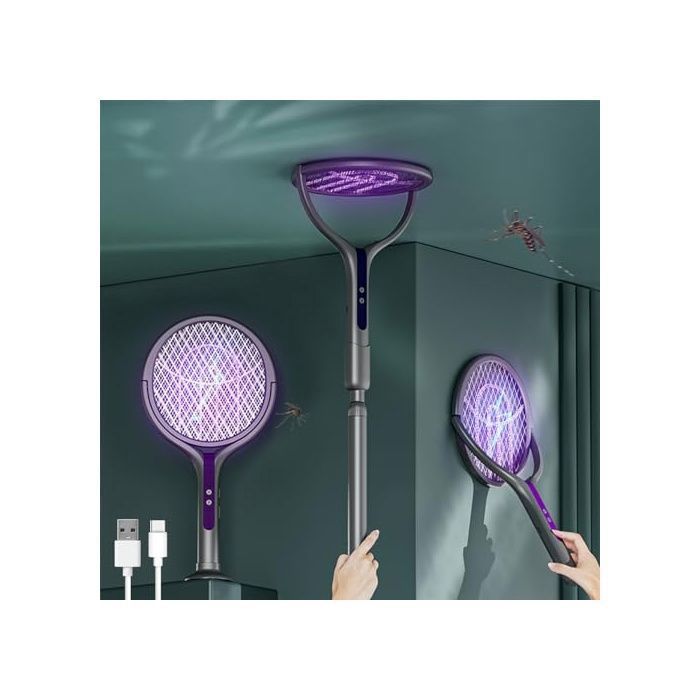 Raquette Électrique Insectes avec Tête Rotative à 90° Raquette Anti Moustique Rechargeable USB avec Manche Téle LAMPE ANTIINSECTE