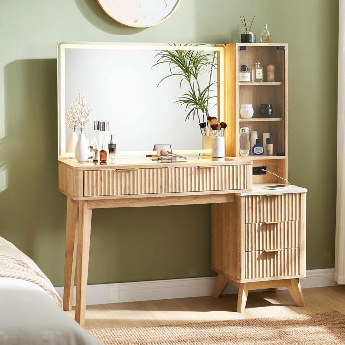 Coiffeuse Maquillage Flutée 48 Pouces，Miroir LED 36，Dessus Verre，5 Tiroirs Etagères Réglables，Station Charge Prises ChambreChêne