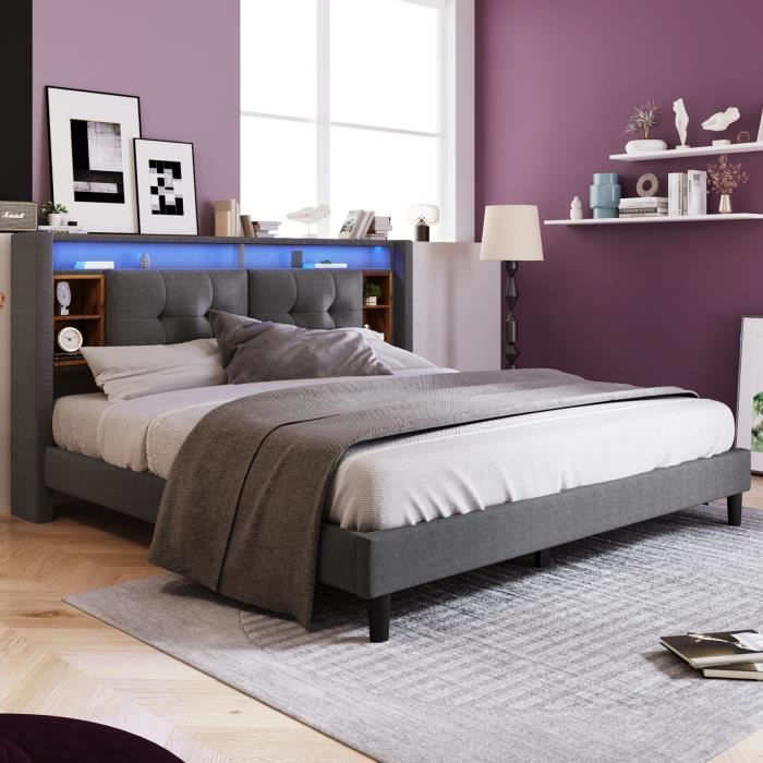 lit capitonné lit double avec chargement usb et éclairage led, sommier à lattes en bois, 160 x 200 cm, gris (sans matelas).