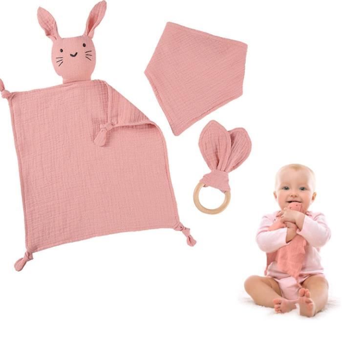 Serviette de Bébé Jouets3pcs Doudou Lapin Mouchoir Doudou Serviette Apaisante dEveil Bébé pour Nouveau-né Tollders Filles，Rose