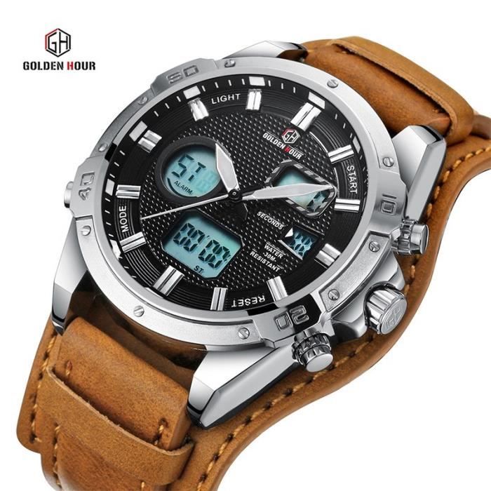 Montre Chronographe Curren Homme - Style Militaire Luxe, Boîtier 46mm, étanche 30m, Bracelet Cuir