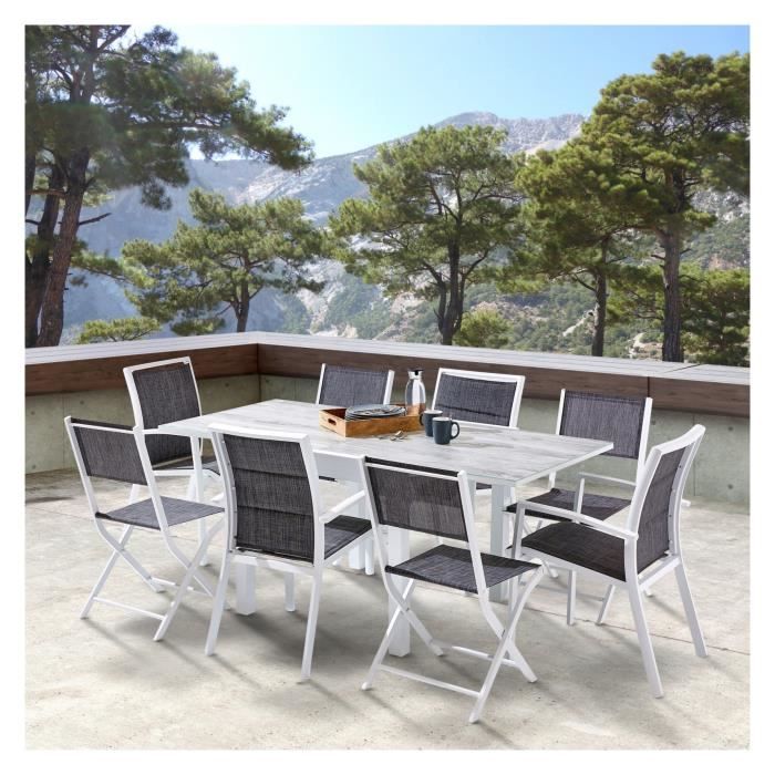 ensemble table et chaises de jardin modulowood t 4 / 8 + f 4 + c 4 - wilsa - blanc - aluminium - design