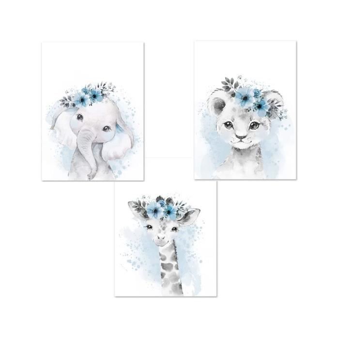 Toile Prenom Chambre Bebe Enfant Garcon Tableau Gris et Bleu Poster  Elephant Lion Fleurs Affiche Personnalisée Bébé Decoration - Cdiscount  Maison
