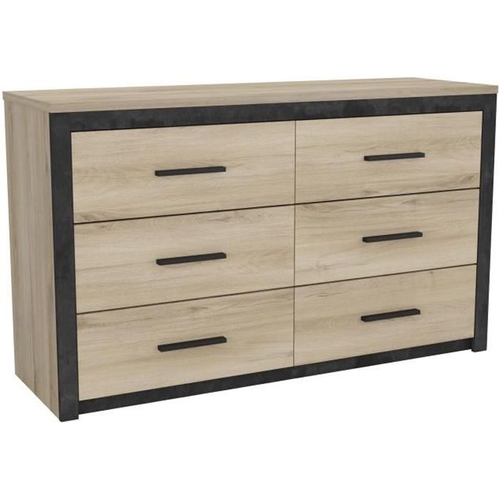 Commode COLORADO 6 Tiroirs - Décor Chêne et noir - L 1291 x P 418 x H 771cm - DEMEYERE