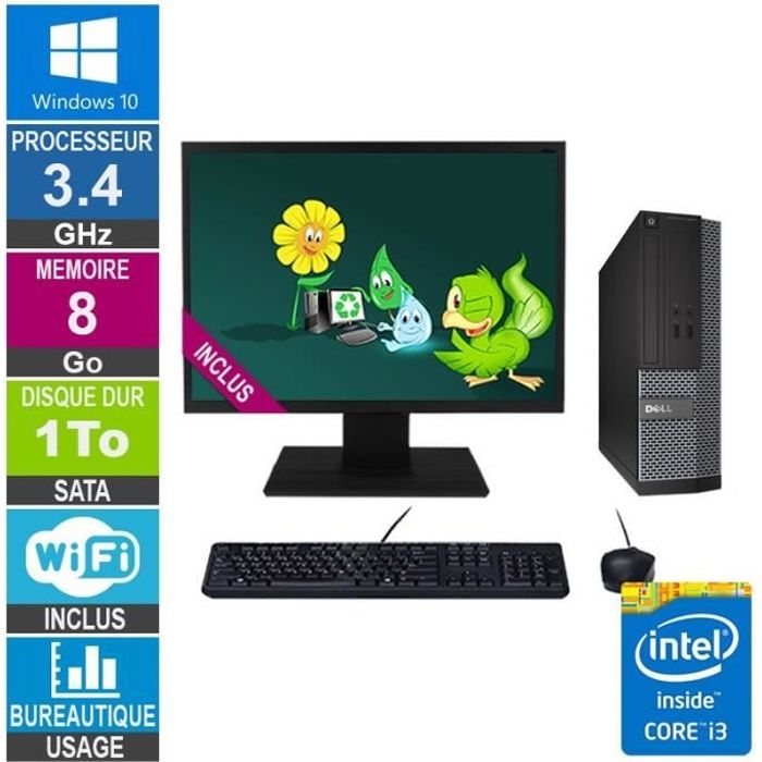 PC Dell Optiplex 3020 SFF i3-4130 3.40GHz 8Go/1To Wifi W10 + Ecran 24 - Dell