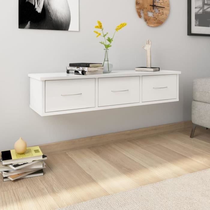 étagère murale avec 3 tiroirs duokon - blanc brillant - 88x26x18,5cm - meuble de salon contemporain