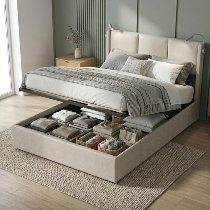 Lit 160x200 - HOFURNI - Cadre de lit adulte - Lin beige - Sommier à lattes - USB et liseuse