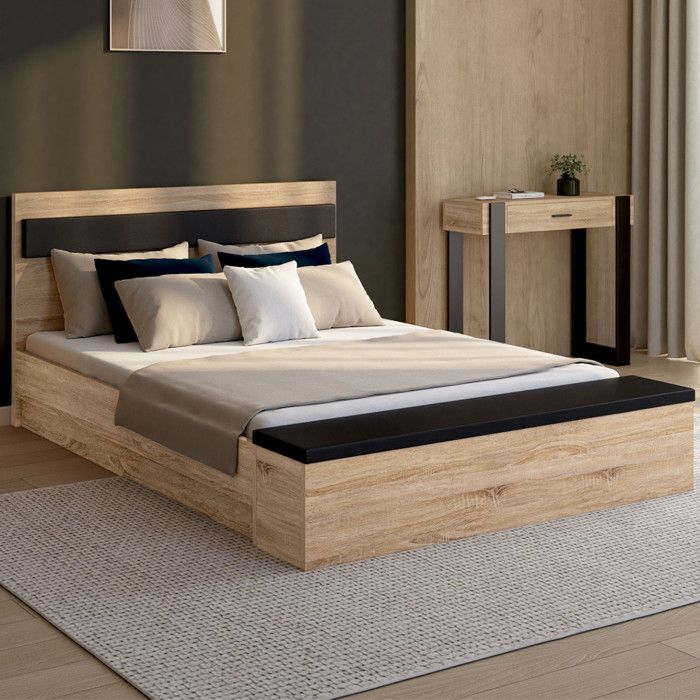 IDMARKET Lit double GAELLE tête de lit + banc coffre et sommier 140 x 190 cm bois et noir
