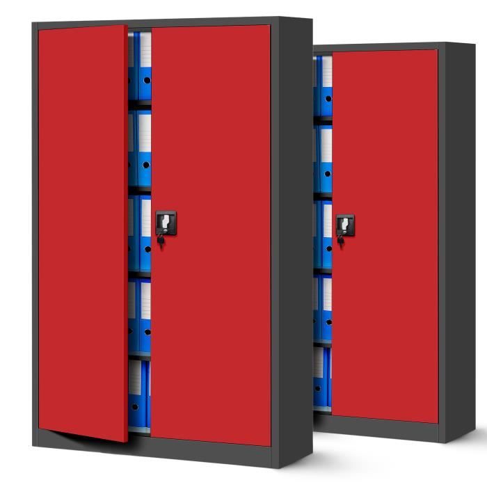 Set de 2 Armoire de Bureau Métallique C001II 4 Etagères Tôle dacier Portes Battantes 185 x 115 x 40 cm (Anthracite/Rouge)