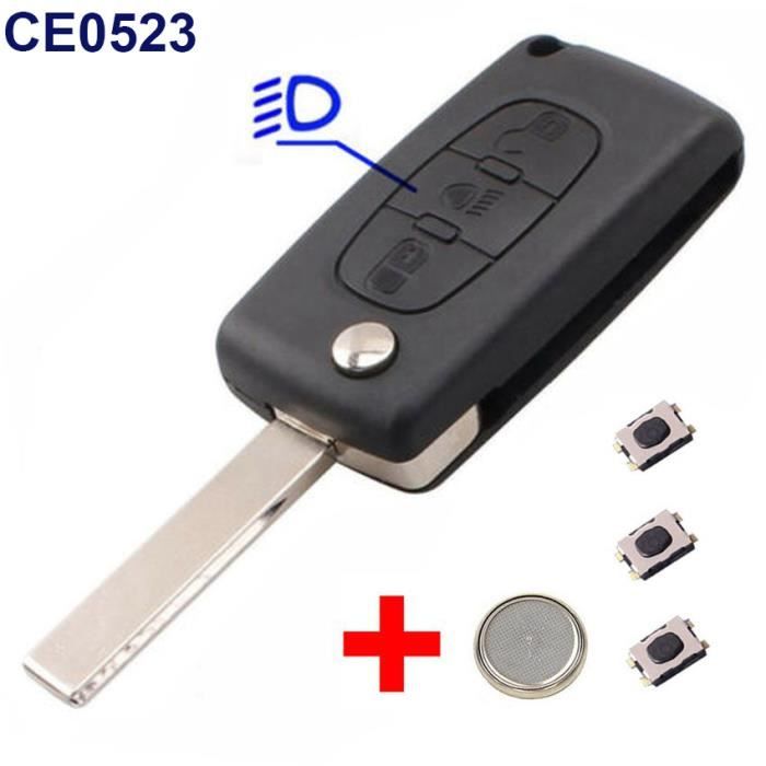 Coque Clé Plip Bouton Phare CE0523 Pour Citroen C1 C2 C3 C4 Picasso Grand Picasso C5 C6 C8 Lame rainurée + 3 Switchs + PIle