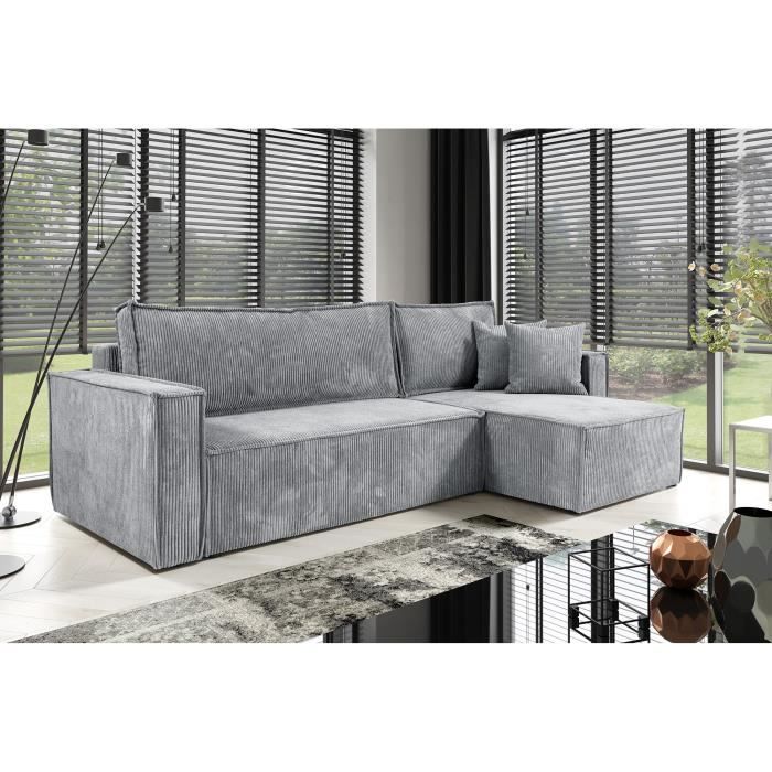 Canapé d'angle Convertible NERO en Velours côtelé avec lit et Coffre de Rangement - Gris clair