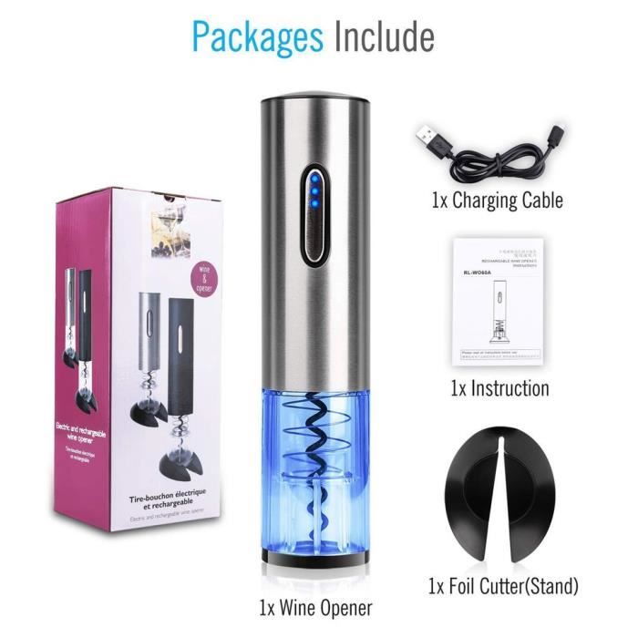 Tusoio - Tire-bouchon électrique rechargeable en acier inoxydable avec ouvre -bouteille automatique, coupe-capsule et câble de chargement USB Type-C Tusoio - Tire-bouchon électrique rechargeable en acier inoxydable avec ouvre -bouteille automatique, coupe-capsule et câble de chargement USB Type-C