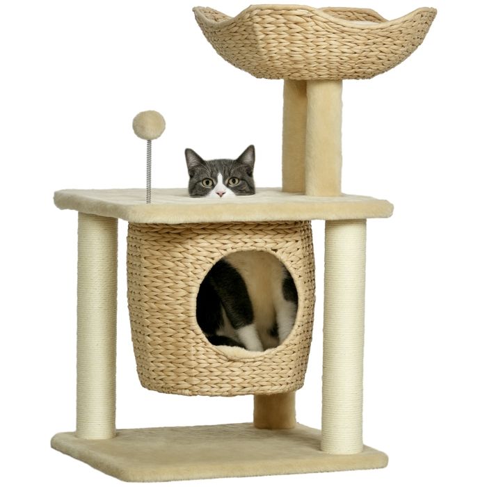Arbre à chat griffoir - PawHut - arbre à grimper quenouille 1 niche panier pompon tour de jeux - peluche - hauteur 74 cm - beige