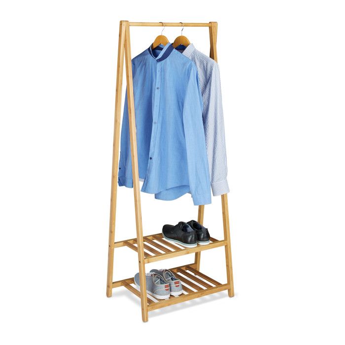 Relaxdays Portant à vêtements en bambou 2 compartiments pour chaussures bois tringle 60 cm largeur HxlxP: 150 x 60 x 40 cm nature