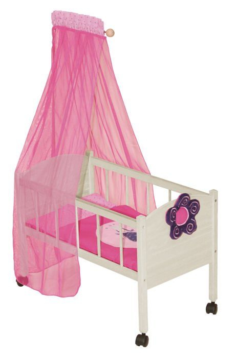ROBA Lit de poupée Happy Fee + Parure et Ciel de Lit Roses - avec Roulettes - Meuble de Poupée - Bois naturel ROBA Lit de poupée Happy Fee + Parure et Ciel de Lit Roses - avec Roulettes - Meuble de Poupée - Bois naturel