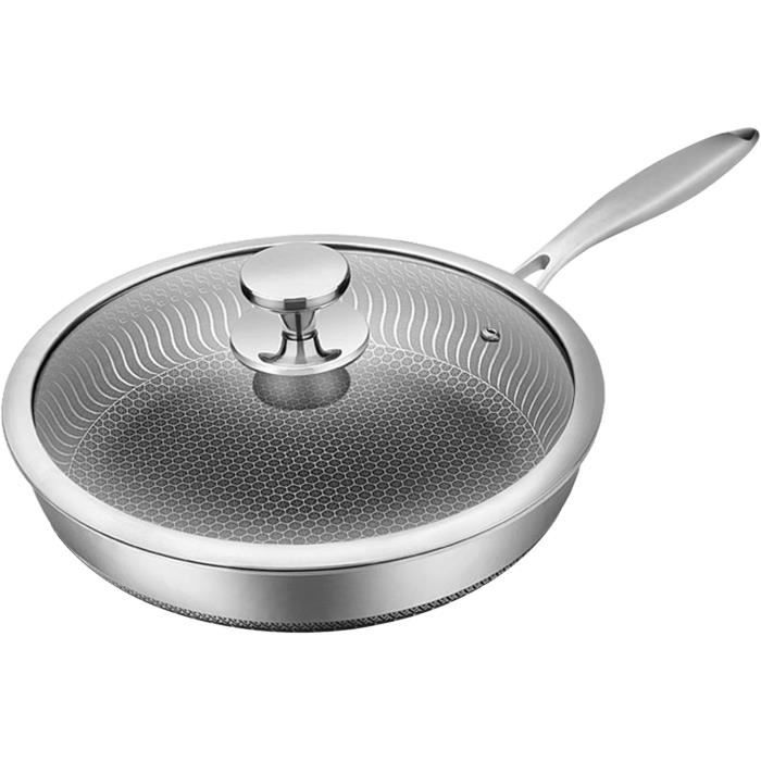 Poêle à Wok 30 Cm En Acier Inoxydable - Revêtement Nid D'Abeille Avec Couvercle