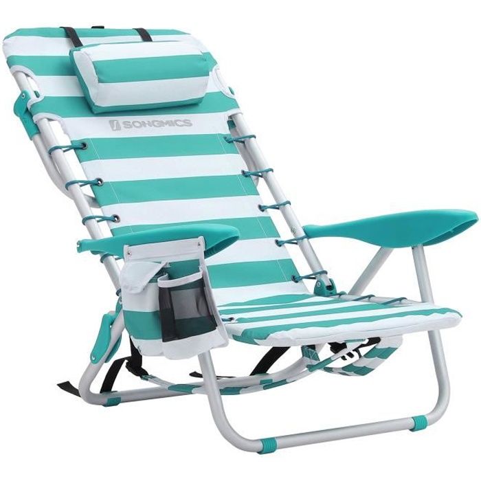 chaise de plage portable, appui-tête, dossier réglable, porte-gobelet, poche, charge 150 kg, rayures vertes et blanches gcb62jw