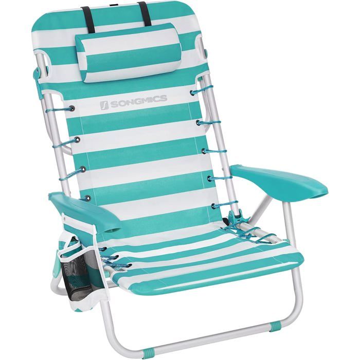 Chaise de plage portable appui-tête dossier réglable porte-gobelet poche charge 150 kg Rayures vertes et blanches GCB62JW