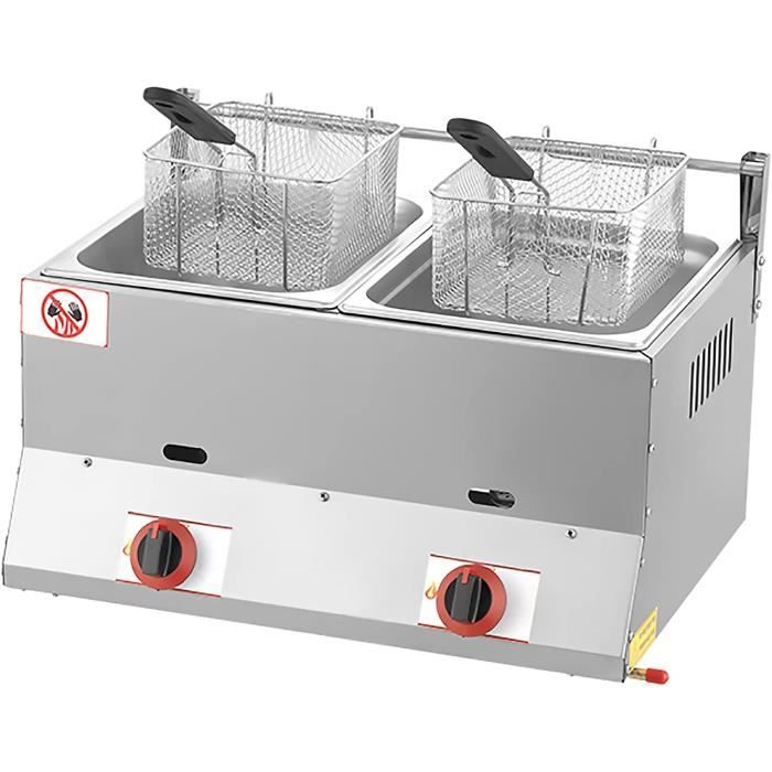 Friteuse à Gaz Professionnelle 6Lx2 - Double Cuve Inox - Thermostat Sécurité - Pour Restaurant Et Famille