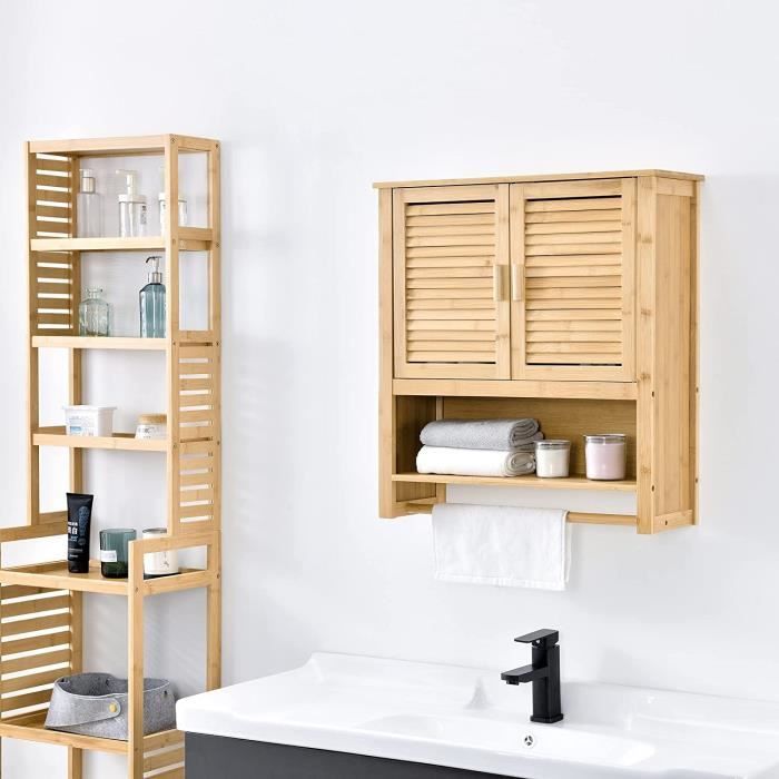 Meuble colonne rangement salle de bain bambou design naturel 36L x 33l x  140H cm 2 étagères 4 niveaux + placard