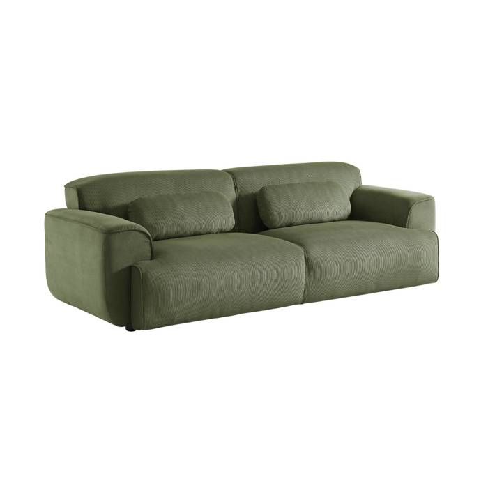 Canapé 3 places. tissu velours côtelé vert. 2 coussins déhoussables. Wallas L 230 x P 98 x H 73cm