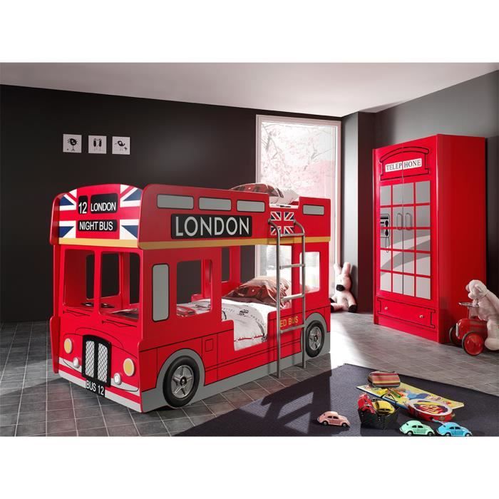 Lit superposé 90x200 Bus Londonien sommier inclus et Armoire 2 portes Car Beds - Rouge - Vipack