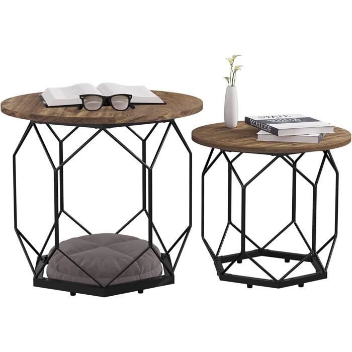 woltu lot de 2 tables basses gigognes, table de salon, cadre noir en métal, style industriel, chêne vintage+noir, bts05hov