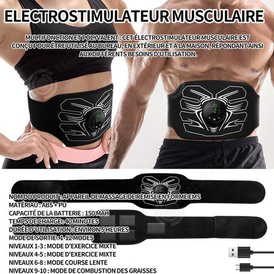 Ceinture D'Électrostimulation Abdominale - 10 Modes, 30 Niveaux - Pour Abdos, Bras, Jambes - Rechargeable - 9