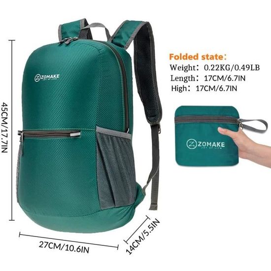 Sac à Dos Pliable ZOMAKE 20L - Ultra-léger Pour Randonnée, Voyage Et Sport