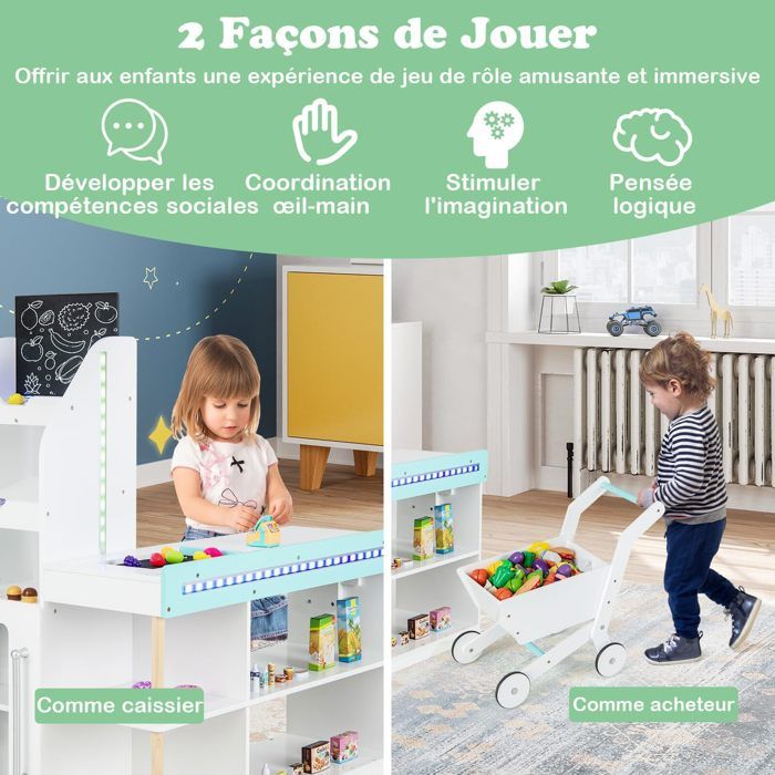 Supermarché Jouet En Bois WOOMAX – Caisse Enregistreuse Avec Sons Et Lumières, 25 Accessoires