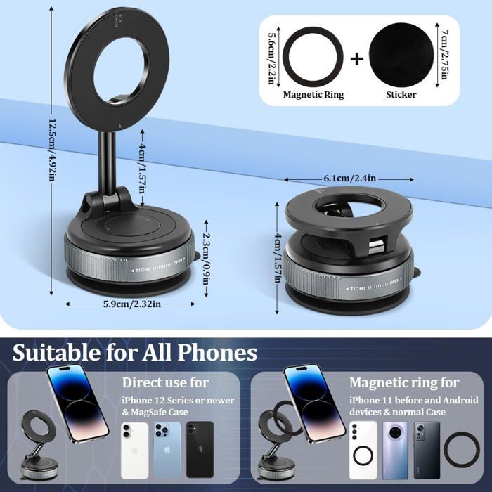 HA BIN Support Téléphone Voiture Avec Ventouse Puissante & Magnétique – Rotation 360°Bras Métallique, Pliable, Fixation Ultra-Stable, Compatible IPhone, Pour Tableaux De Bord Et Pare-Brise