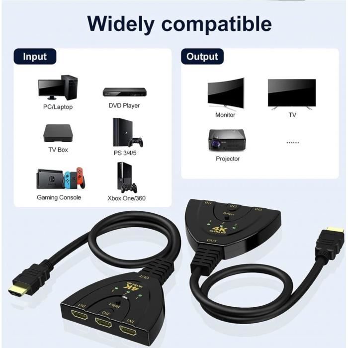 Commutateur HDMI 3 en 1 HD 8K à 60Hz 4k à 144hz HDR avec télécommande