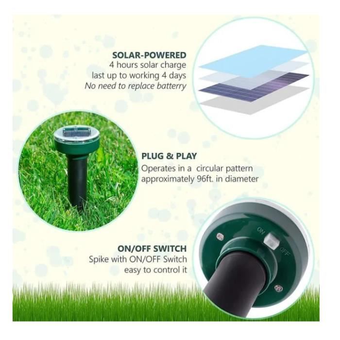 Appareil Anti Taupe étanche IP65 Répulsif Taupe Solaire 4 Pièces - Vibrations Et Ultrasons, étanche IP65 - Pour Jardin, Pelouse, Contre Taupes Et Rongeurs