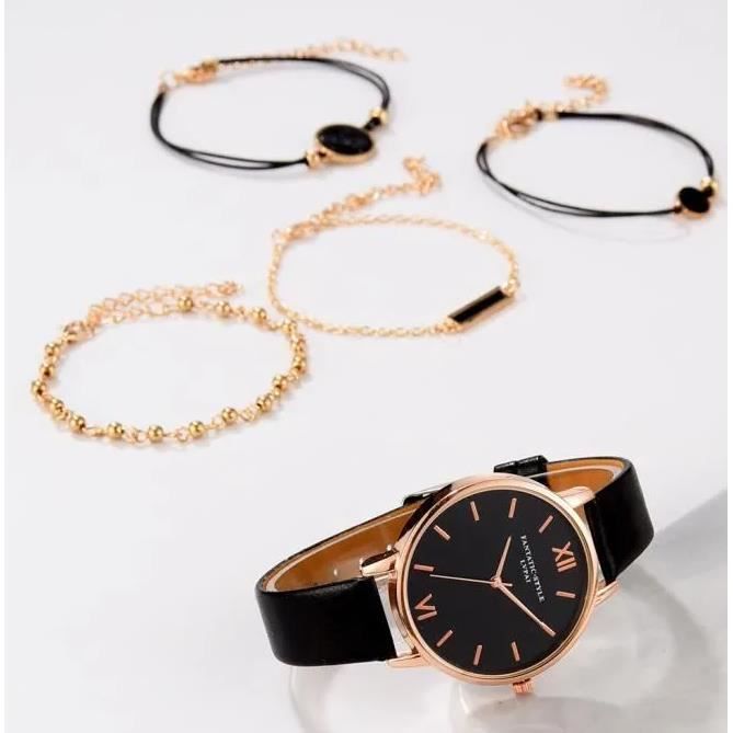 Montre Femme Vintage CJ Jalga à Quartz - Cadran Noir, Boîtier Doré Et Noir, Bracelet Cuir - Années 90
