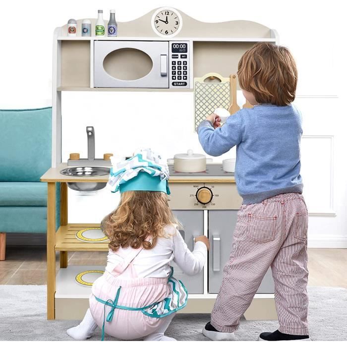 NAIZY – Cuisine En Bois Pour Enfants 85x65x24 Cm – Avec Micro-ondes, Four, évier, Ustensiles, épices – Jeu De Rôle Et Bricolage – Dès 3 Ans