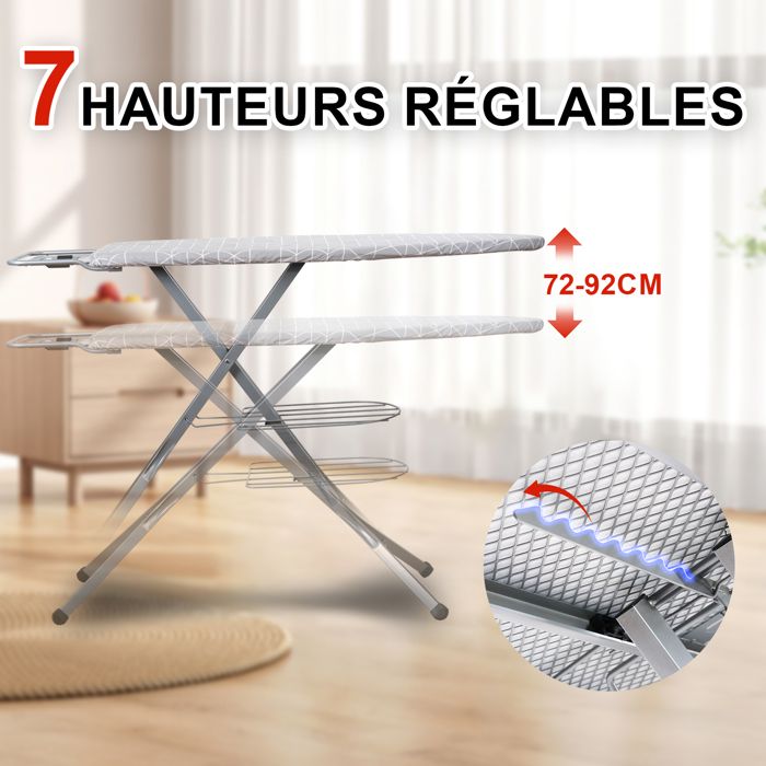 Table à Repasser Turbo Vapor 120x40 Cm – Gris | Housse 100% Coton Bio | Ultra Stable | Idéale Centrale Vapeur | Fabriquée En Italie