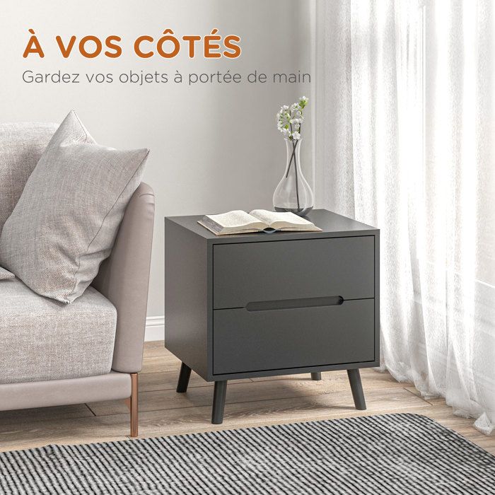 Table De Chevet HOMCOM Avec 2 Tiroirs Cannelés - Design Moderne Avec Pieds Métal - 40x39x48 Cm Noir - Pour Chambre, Salon