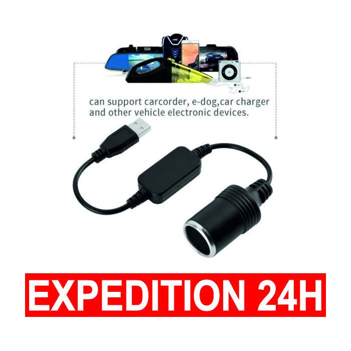 Câble Convertisseur USB Vers Allume-cigare 12V – USB Mâle Vers Prise Femelle 12V – Pour GPS, Caméra Voiture, Purificateur – Protection Surtension
