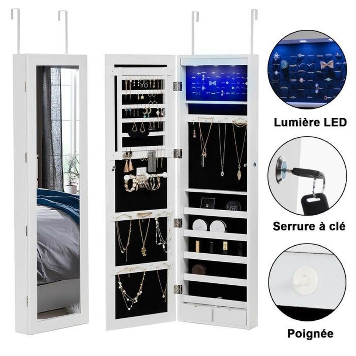 UBonheur Armoire à Bijoux Murale Meuble Rangement avec Serrure Miroir 2