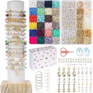 KIT BIJOUX Perles Plates pour Bracelet Heishi, 7200+ Perles Heishi de Argile de 6mm, 2 Boîtes DIY Kit Perles pour Bijoux, avec Lettres, Chi3