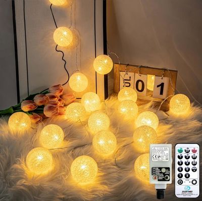 Guirlande Lumineuse Boules De Coton 5 M - 140 LED Blanc Pur, Timer 6h, Câble Blanc - Décoration Intérieur Noël, Fête