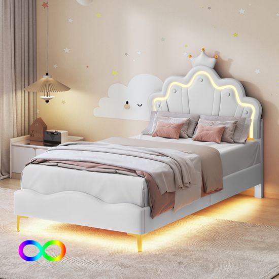 Lit Enfant 90x200 Cm Avec Tiroir Et éclairage LED - Cadre Velours Blanc, Sommier à Lattes, Design Princesse/pétales - Télécommande Et Appli