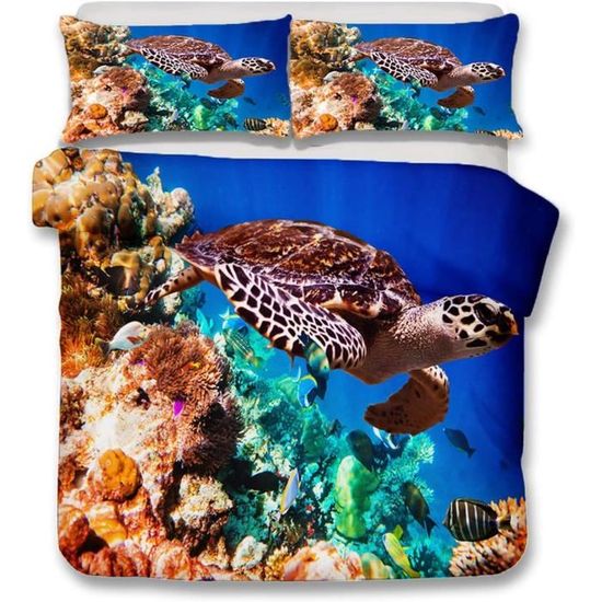 Housse De Couette 200x200 Cm Tortue De Mer, Luxe, Parure De Lit Avec Fermeture éclair - 2 Taies