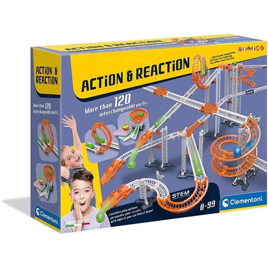 Clementoni- Action and Reaction-Mega Set, Circuit Construction pour Enfants 8 Ans, Scientifique, Labyrinthe Billes, STEM Jeu-